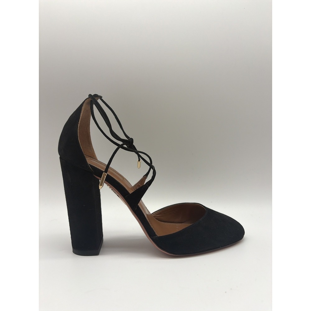 Aquazzura Firenze Black Suede Block Heel Ankle Tie Pumps Shoes Size 38 Womens